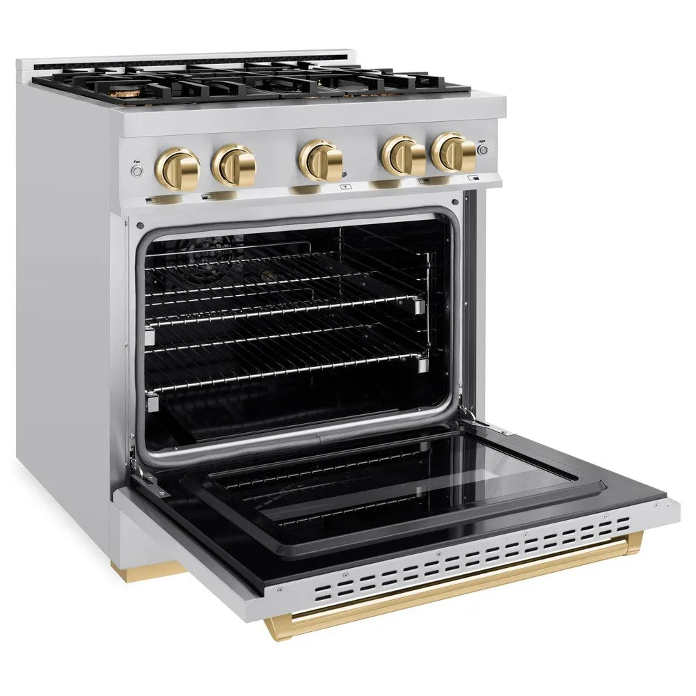 ZLINE Autograph Edition Classic 30-inch range in stainless steel and polished gold accents CGRZ-30-G, door open