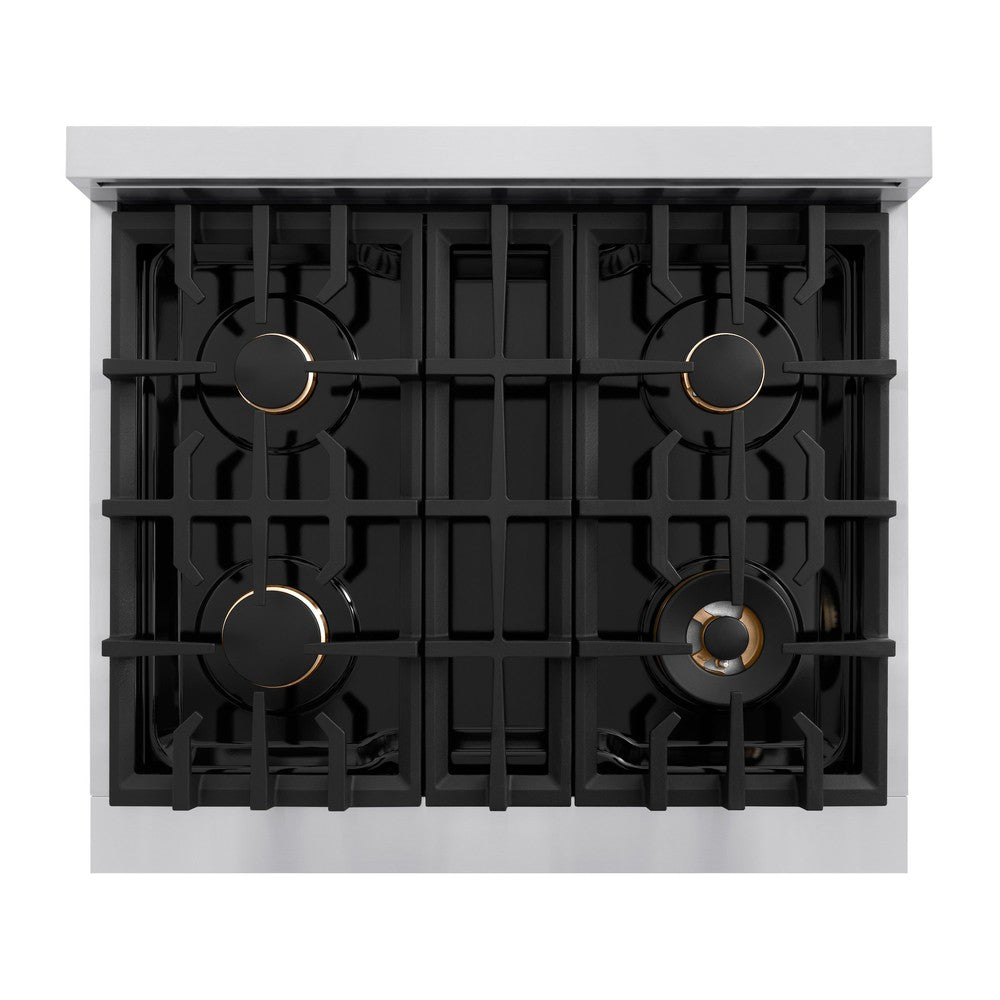 ZLINE Autograph Edition Classic 30-inch range in stainless steel and polished gold accents CGRZ-30-G, from above