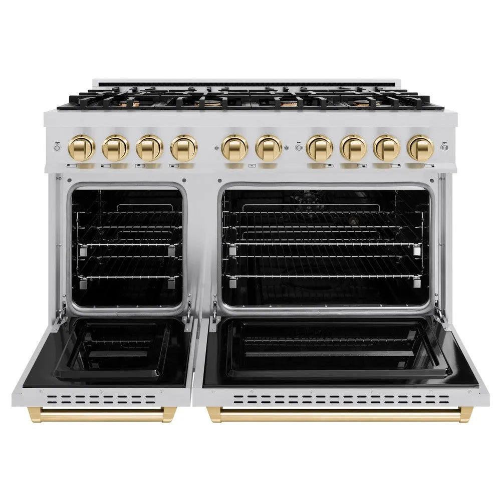 ZLINE Autograph Edition Classic 48-inch range in stainless steel and polished gold accents CGRZ-48-G, front view