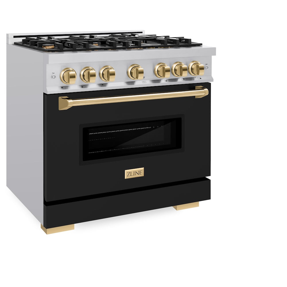 ZLINE Autograph Edition Classic 36-inch range in stainless steel with black matte door and polished gold accents CGRZ-BLM-36-G, view 6