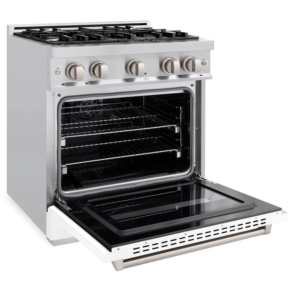 ZLINE Classic 30-inch range in stainless steel with white matte door CGR-WM-30, door open