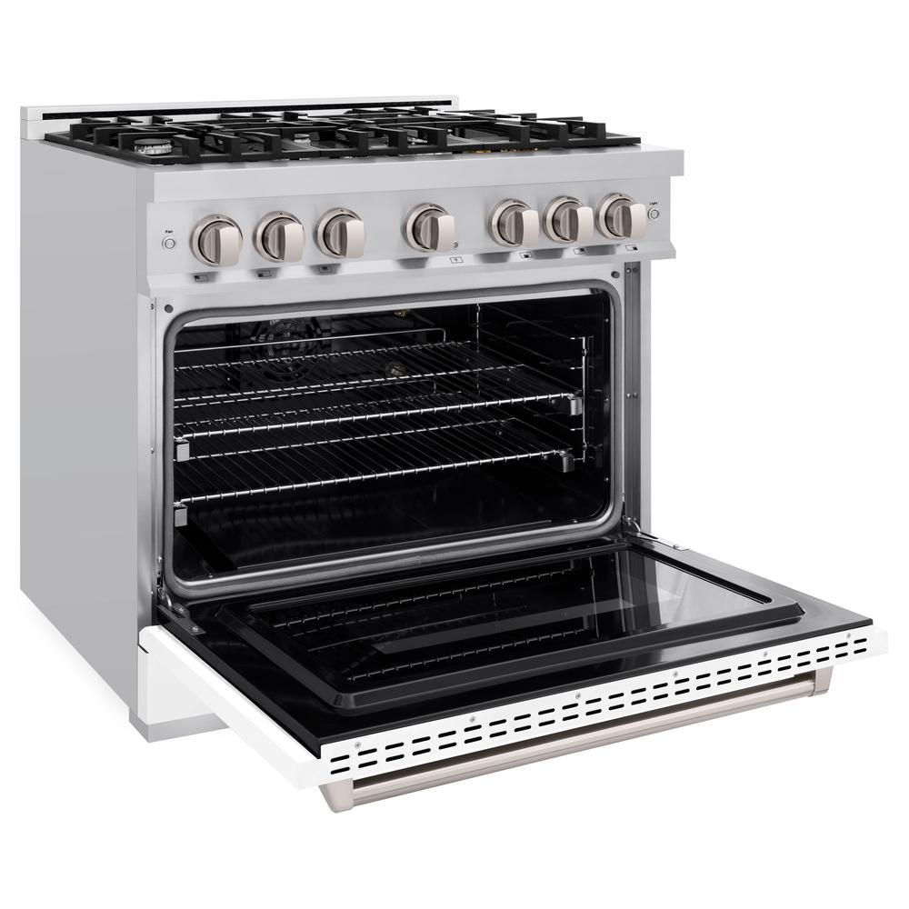 ZLINE Classic 36-inch range in stainless steel with white matte door CGR-WM-36, door open