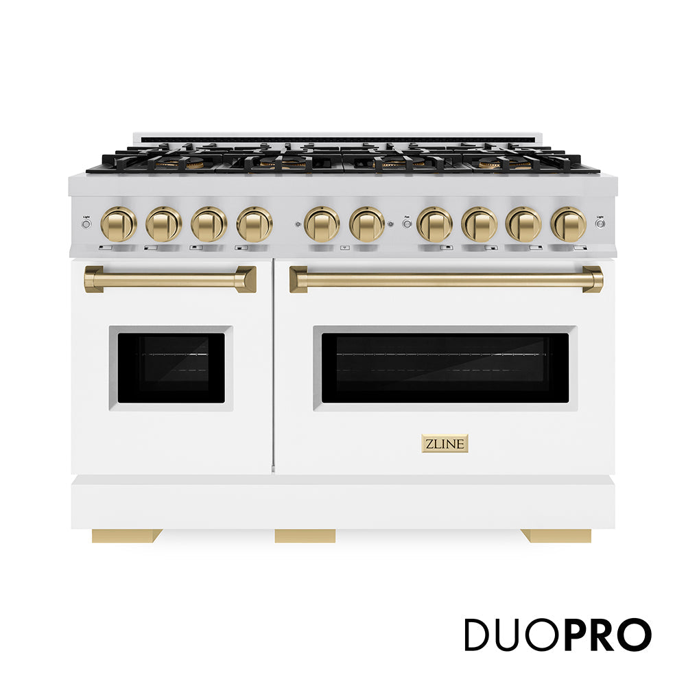 ZLINE Autograph Edition Classic 48-inch range in white matte and champagne bronze accents PCDRZ-WM-48-CB