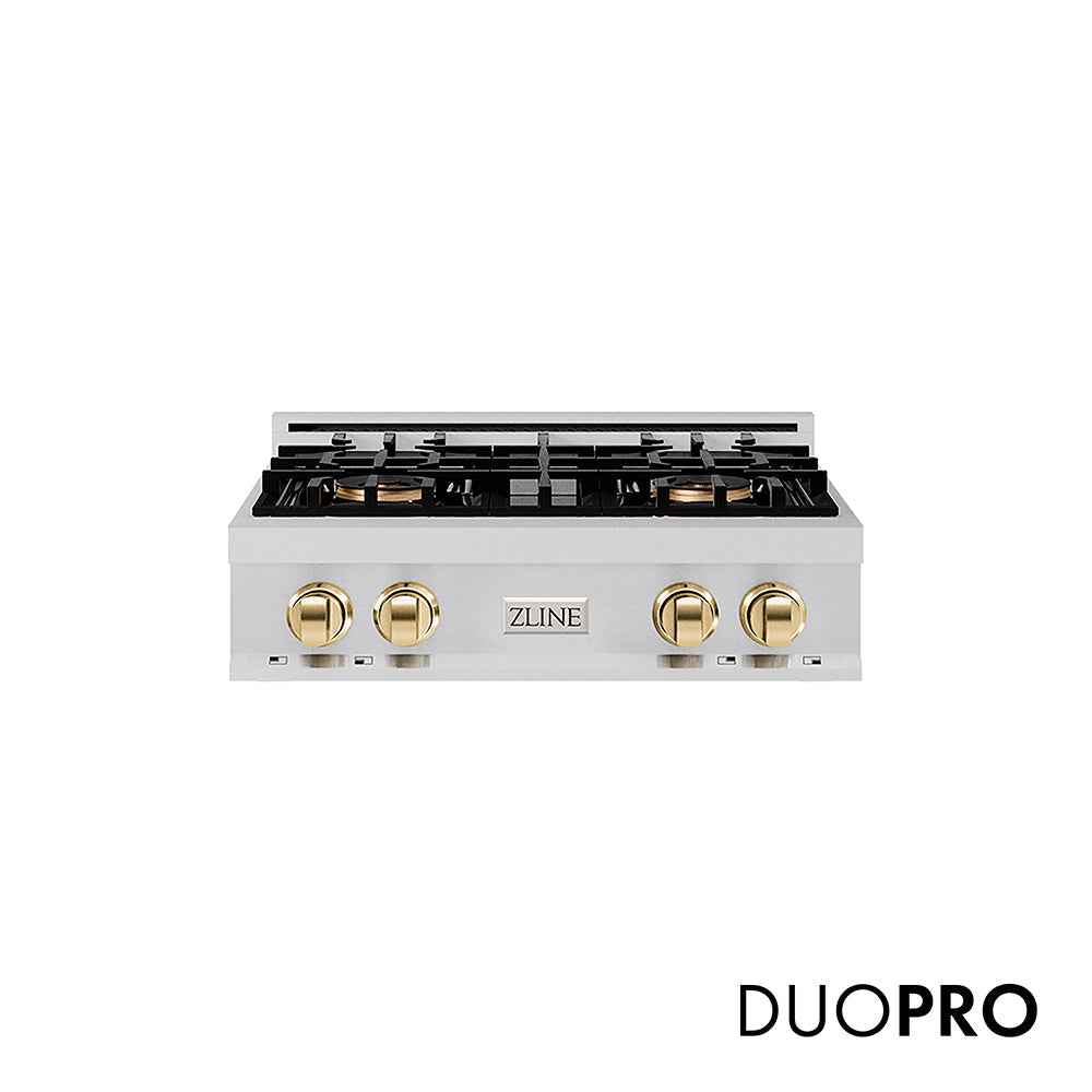 ZLINE Autograph Edition Classic 30-inch rangetop in stainless steel and polished gold accents PCRTZ-30-G