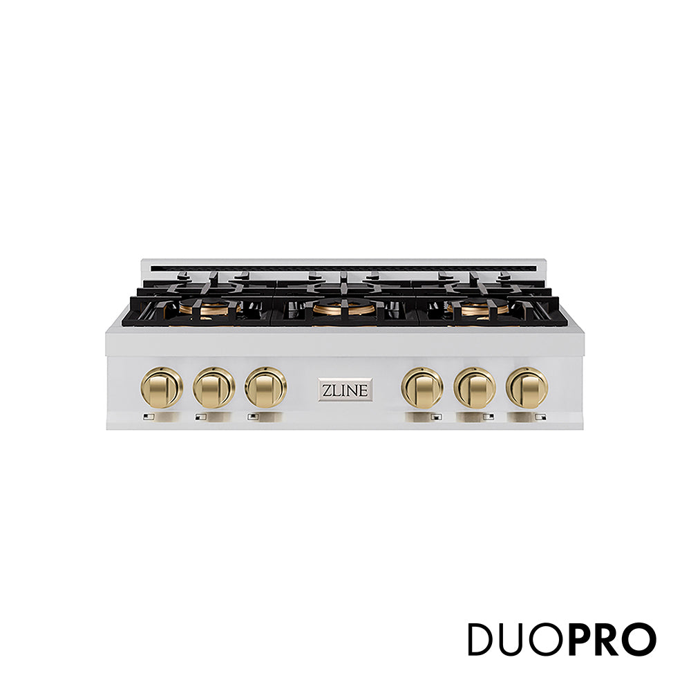 ZLINE Autograph Edition Classic 36-inch rangetop in stainless steel and champagne bronze accents PCRTZ-36-CB