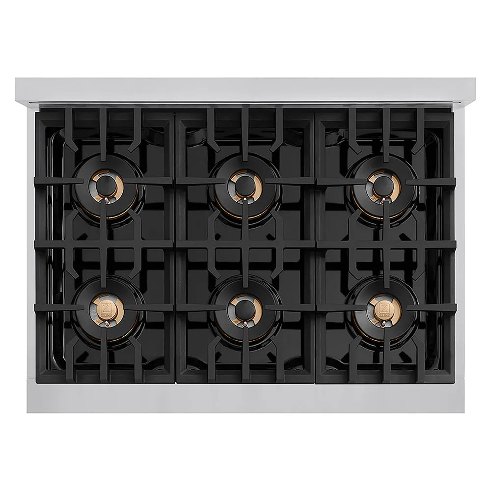 ZLINE Autograph Edition Classic 36-inch rangetop in stainless steel and champagne bronze accents PCRTZ-36-CB, from above