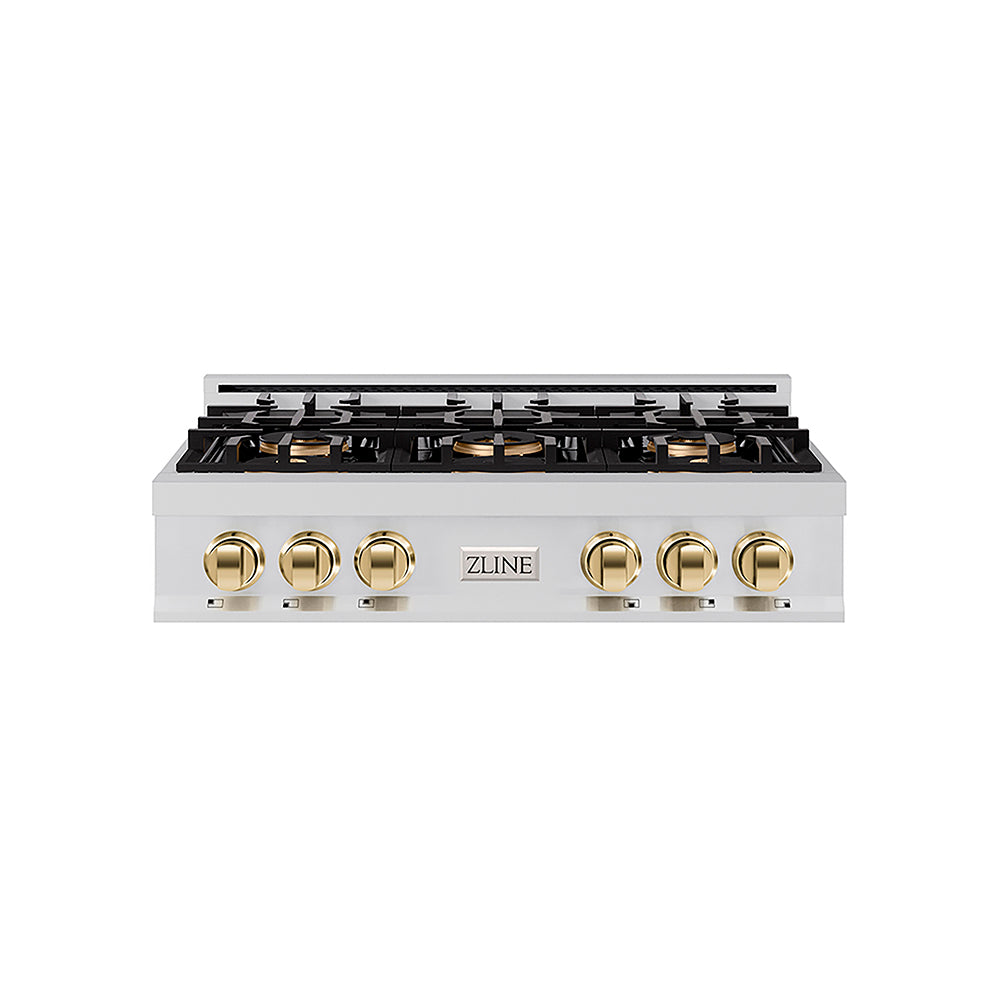 ZLINE Autograph Edition Classic 36-inch rangetop in stainless steel and polished gold accents PCRTZ-36-G, front view