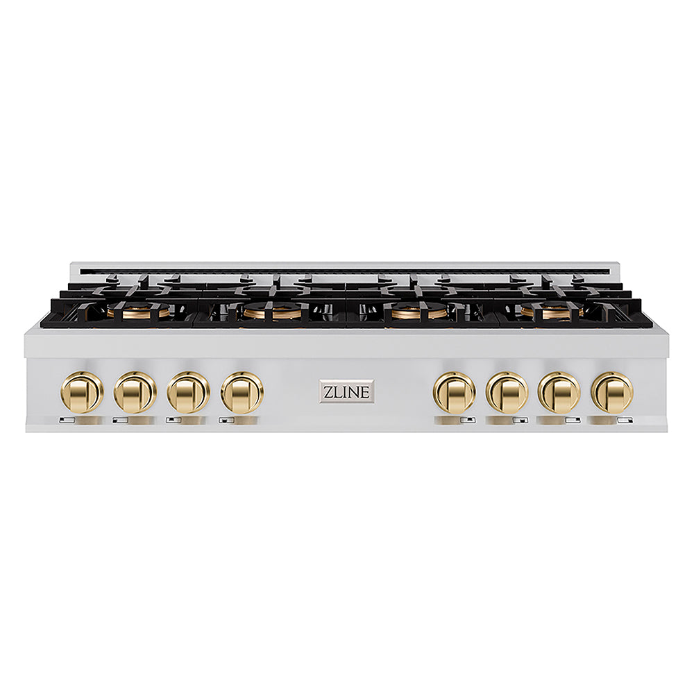 ZLINE Autograph Edition Classic 48-inch rangetop in stainless steel and polished gold accents PCRTZ-48-G, front view