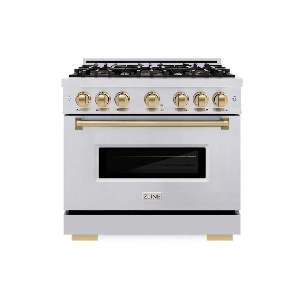 ZLINE Autograph Edition Classic 36-inch range in stainless steel and champagne bronze accents PCGRZ-36-CB, front view