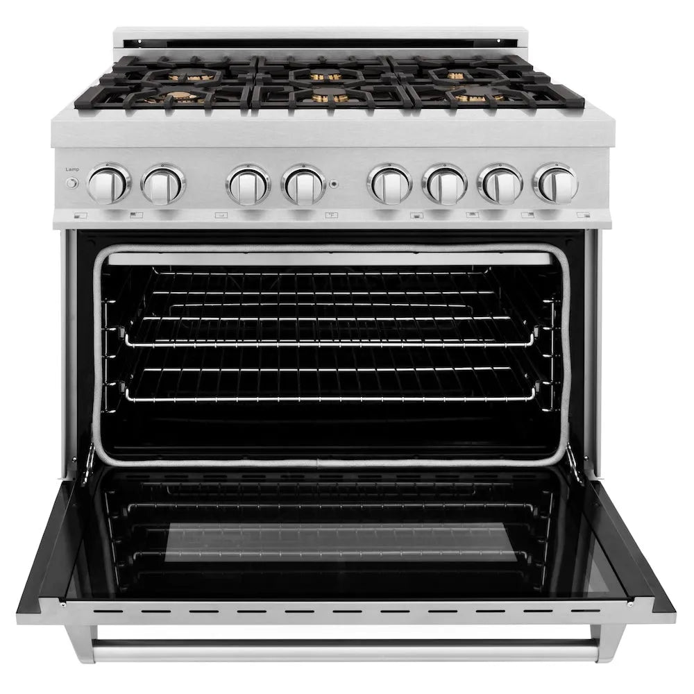 ZLINE Legacy 36-inch range in satin stainless steel RAS-SN-BR-36, front view