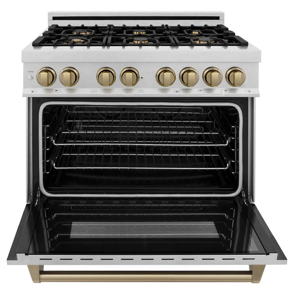ZLINE Autograph Edition Legacy 36-inch range in satin stainless steel and champagne bronze accents RASZ-SN-36-CB, front view