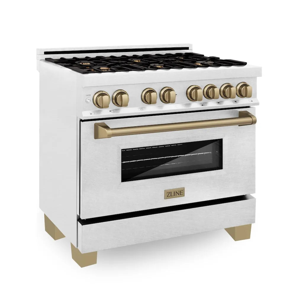 ZLINE Autograph Edition Legacy 36-inch range in satin stainless steel and champagne bronze accents RASZ-SN-36-CB