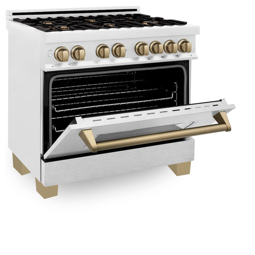 ZLINE Autograph Edition Legacy 36-inch range in satin stainless steel and champagne bronze accents RASZ-SN-36-CB, door open