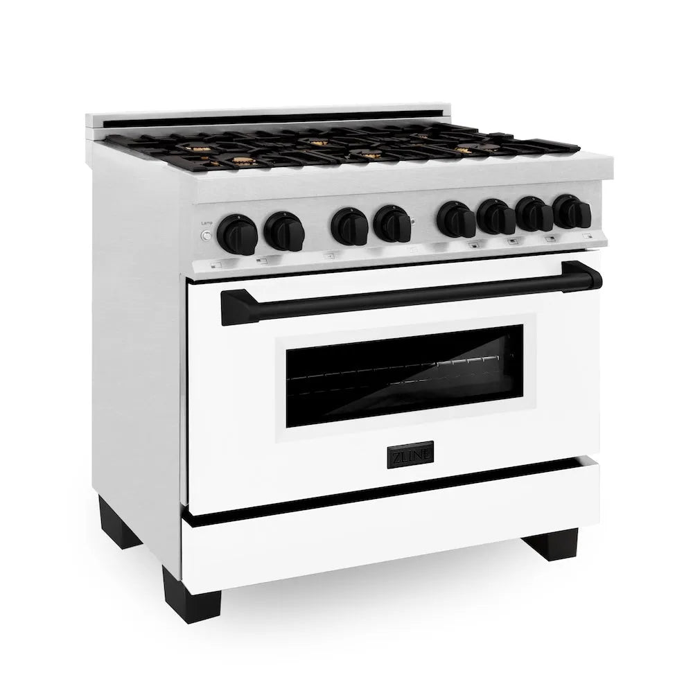 ZLINE Autograph Edition Legacy 36-inch range in satin stainless steel with white matte door and matte black accents RASZ-WM-36-MB