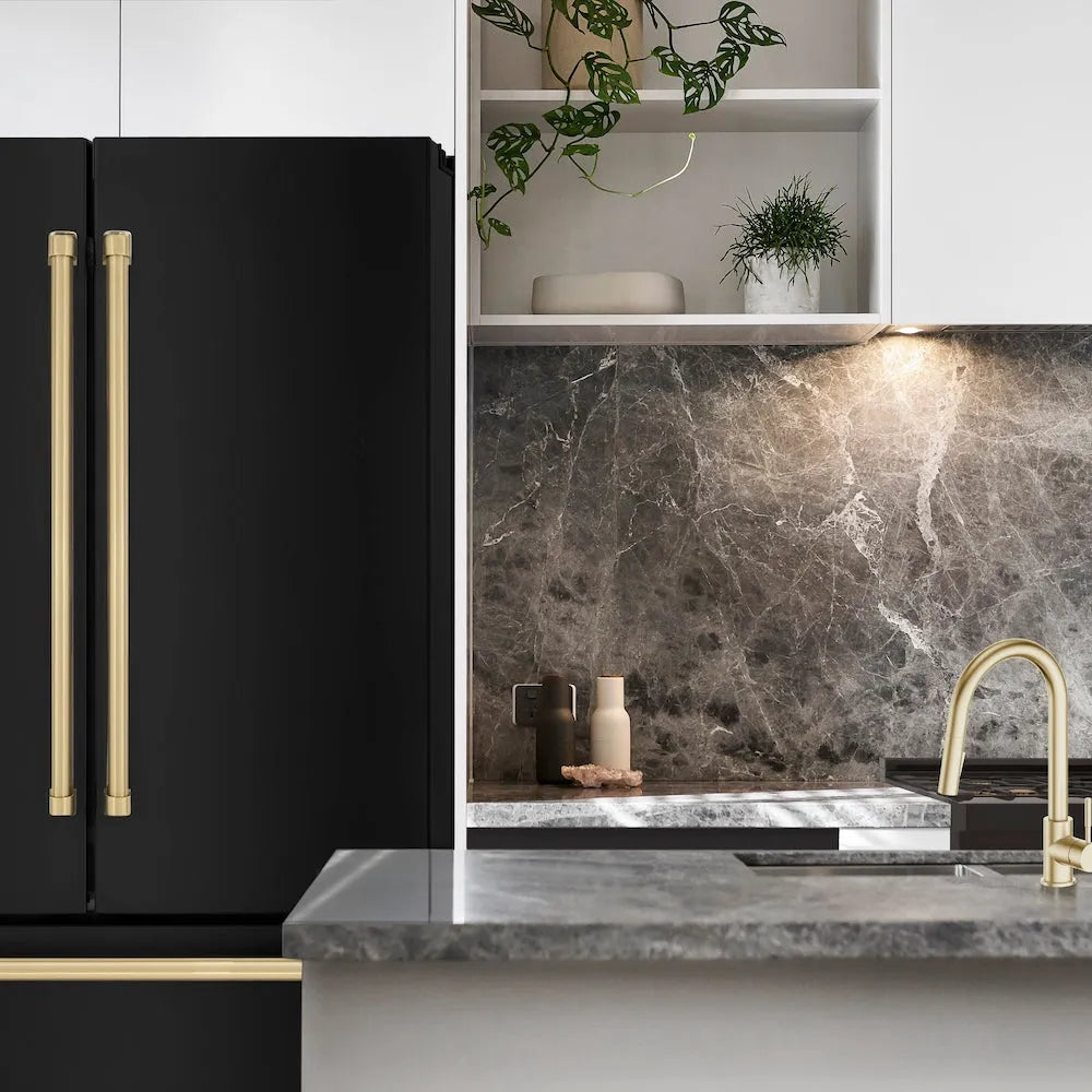 ZLINE Autograph Edition 36-inch refrigerator in fingerprint-resistant black stainless steel with bright white interior and champagne bronze accents RFMZ-36-BS-CB, front view