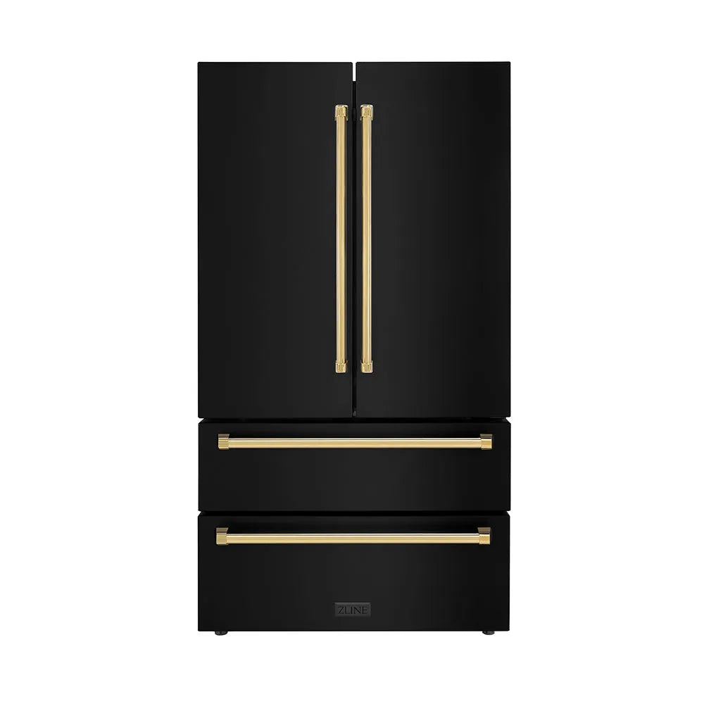 ZLINE Autograph Edition 36-inch refrigerator in fingerprint-resistant black stainless steel with bright white interior and polished gold accents RFMZ-36-BS-G
