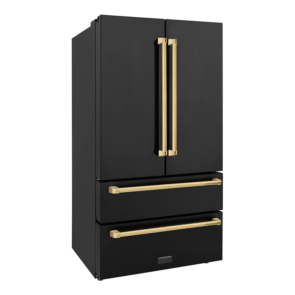 ZLINE Autograph Edition 36-inch refrigerator in fingerprint-resistant black stainless steel with bright white interior and polished gold accents RFMZ-36-BS-G, side view