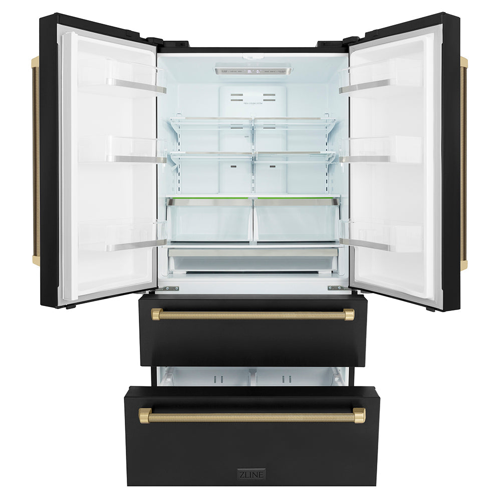 ZLINE Autograph Edition 36-inch refrigerator in fingerprint-resistant black stainless steel with bright white interior and champagne bronze accents RFMZ-36-BS-KCB, front view