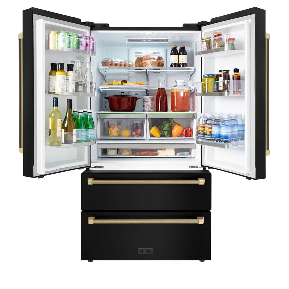 ZLINE Autograph Edition 36-inch refrigerator in fingerprint-resistant black stainless steel with bright white interior and champagne bronze accents RFMZ-36-BS-KCB, front view