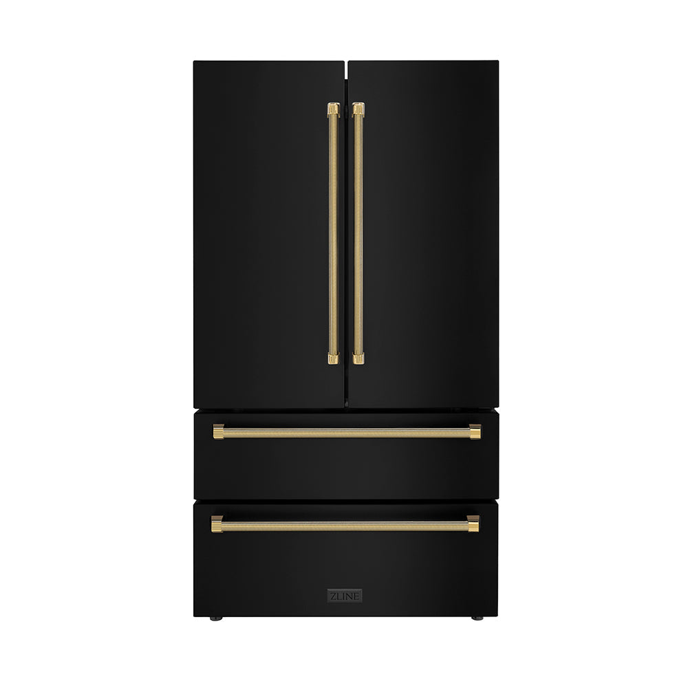 ZLINE Autograph Edition 36-inch refrigerator in fingerprint-resistant black stainless steel with bright white interior and polished gold accents RFMZ-36-BS-KG
