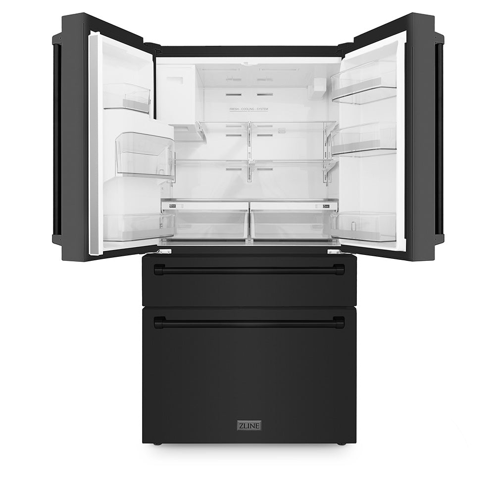 ZLINE 36-inch refrigerator in fingerprint-resistant black stainless steel with bright white interior RFM-W-36-BS, front view