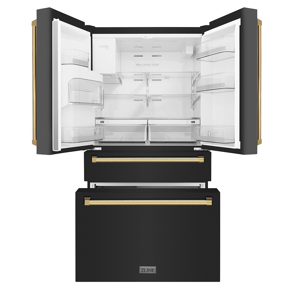 ZLINE Autograph Edition 36-inch refrigerator in fingerprint-resistant black stainless steel with bright white interior and polished gold accents RFMZ-W-36-BS-G, front view