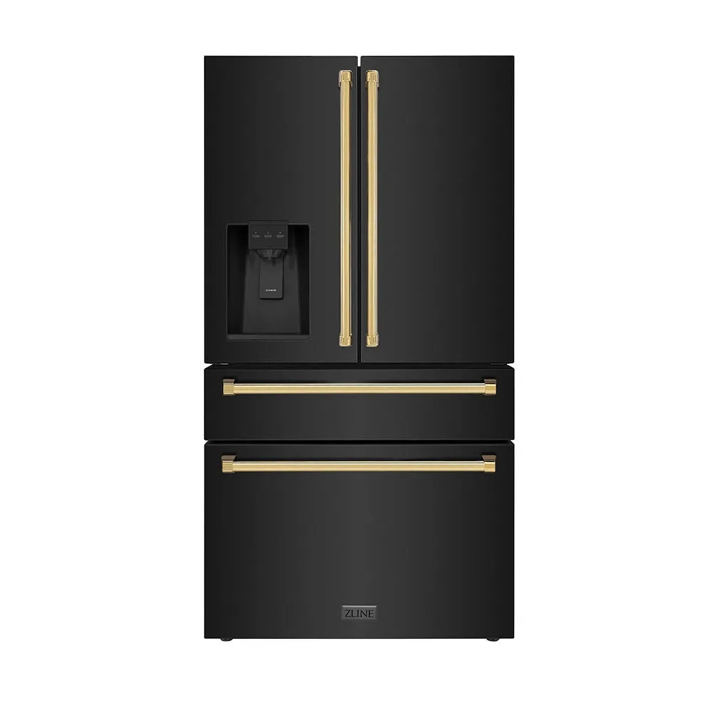 ZLINE Autograph Edition 36-inch refrigerator in fingerprint-resistant black stainless steel with bright white interior and polished gold accents RFMZ-W-36-BS-G