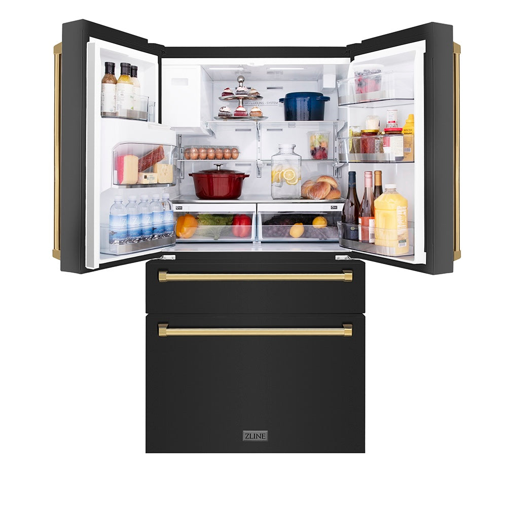 ZLINE Autograph Edition 36-inch refrigerator in fingerprint-resistant black stainless steel with bright white interior and polished gold accents RFMZ-W-36-BS-G, front view