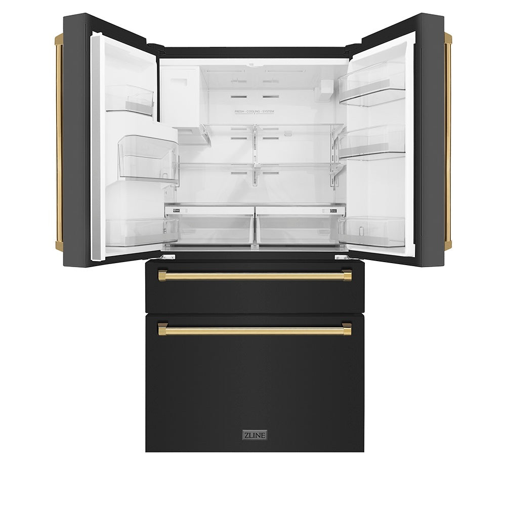 ZLINE Autograph Edition 36-inch refrigerator in fingerprint-resistant black stainless steel with bright white interior and polished gold accents RFMZ-W-36-BS-G, front view