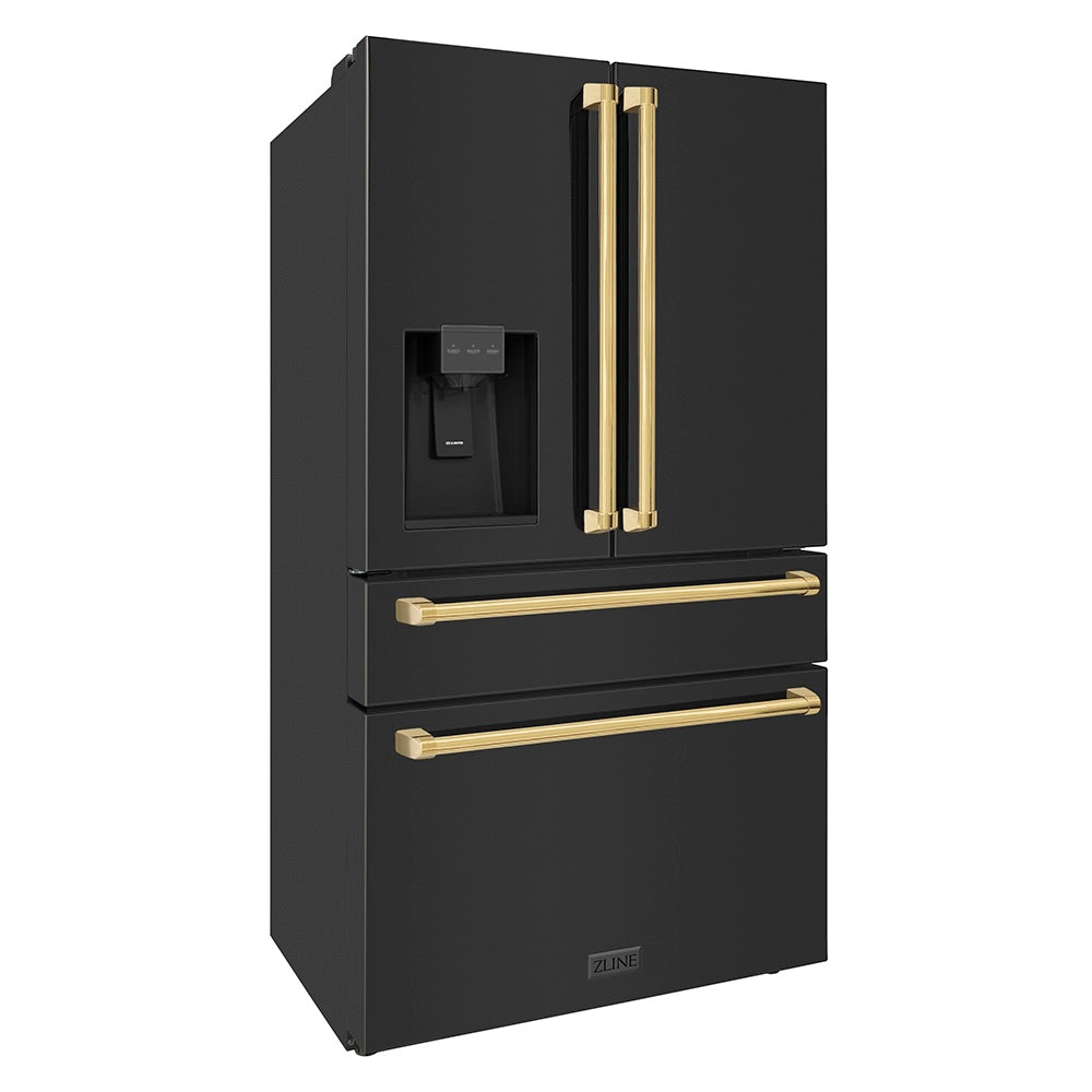 ZLINE Autograph Edition 36-inch refrigerator in fingerprint-resistant black stainless steel with bright white interior and polished gold accents RFMZ-W-36-BS-G, side view