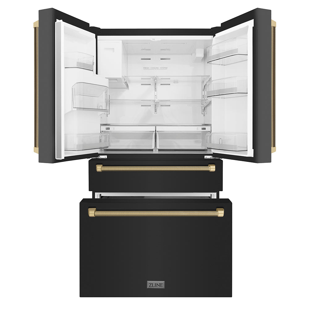 ZLINE Autograph Edition 36-inch refrigerator in fingerprint-resistant black stainless steel with bright white interior and champagne bronze accents RFMZ-W36-BS-KCB, front view