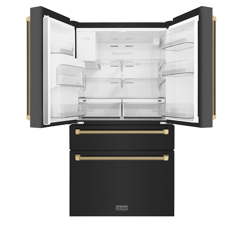 ZLINE Autograph Edition 36-inch refrigerator in fingerprint-resistant black stainless steel with bright white interior and champagne bronze accents RFMZ-W36-BS-KCB, front view