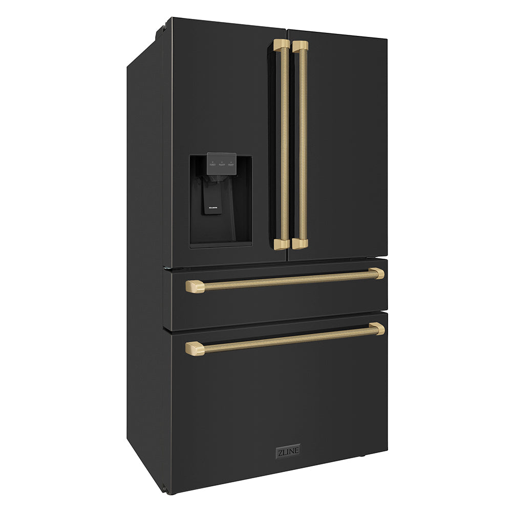 ZLINE Autograph Edition 36-inch refrigerator in fingerprint-resistant black stainless steel with bright white interior and champagne bronze accents RFMZ-W36-BS-KCB, side view