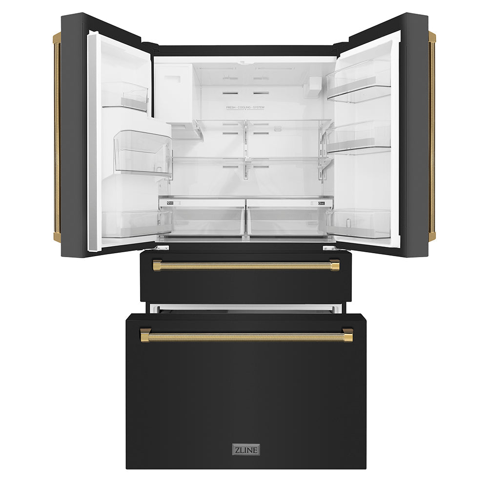 ZLINE Autograph Edition 36-inch refrigerator in fingerprint-resistant black stainless steel with bright white interior and polished gold accents RFMZ-W-36-BS-KG, front view