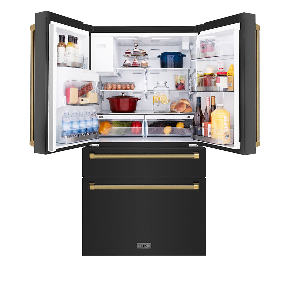 ZLINE Autograph Edition 36-inch refrigerator in fingerprint-resistant black stainless steel with bright white interior and polished gold accents RFMZ-W-36-BS-KG, front view