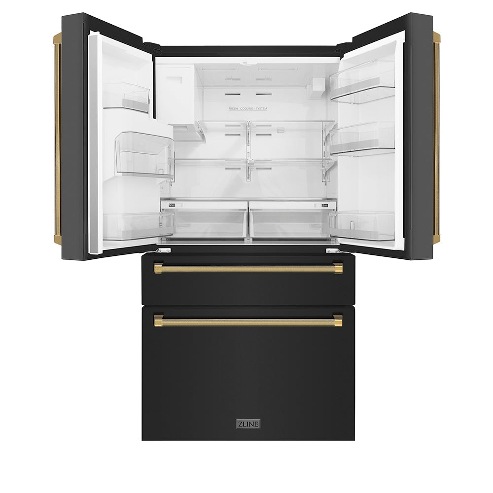 ZLINE Autograph Edition 36-inch refrigerator in fingerprint-resistant black stainless steel with bright white interior and polished gold accents RFMZ-W-36-BS-KG, front view