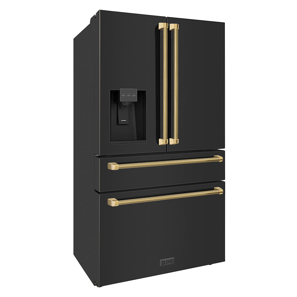 ZLINE Autograph Edition 36-inch refrigerator in fingerprint-resistant black stainless steel with bright white interior and polished gold accents RFMZ-W-36-BS-KG, side view