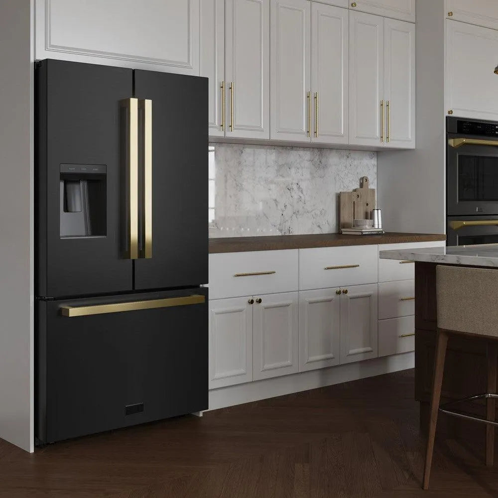 ZLINE Autograph Edition 36-inch refrigerator in fingerprint-resistant black stainless steel with bright white interior and polished gold accents RSMZ-W-36-BS-FG, side view