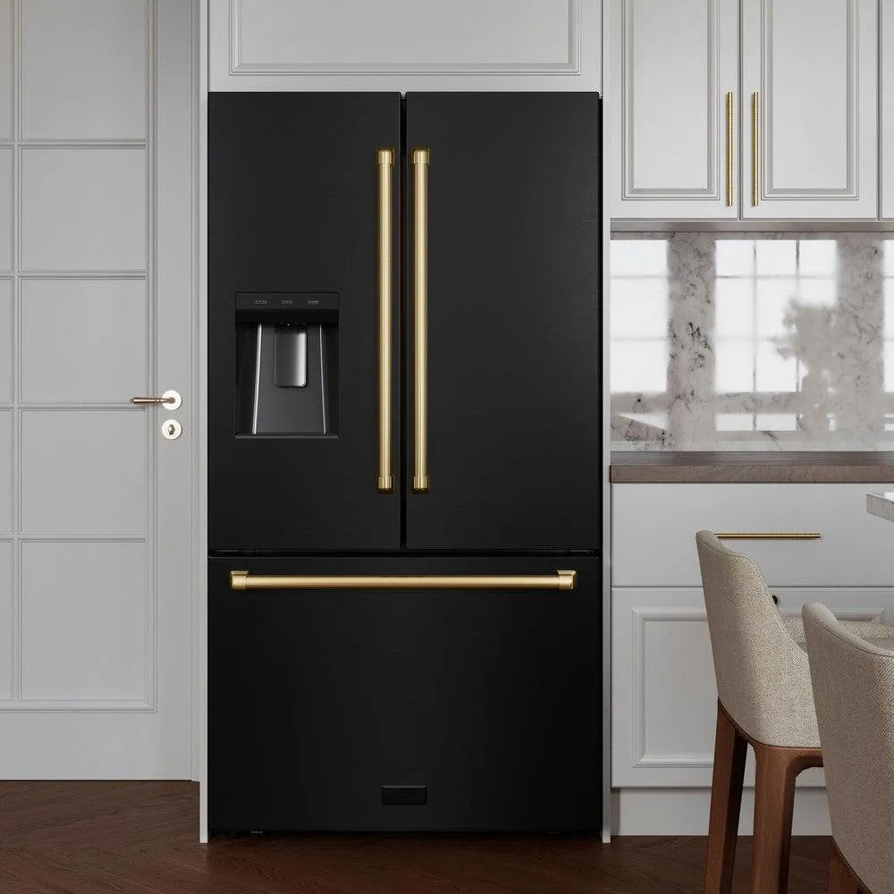 ZLINE Autograph Edition 36-inch refrigerator in fingerprint-resistant black stainless steel with bright white interior and polished gold accents RSMZ-W-36-BS-G, front view