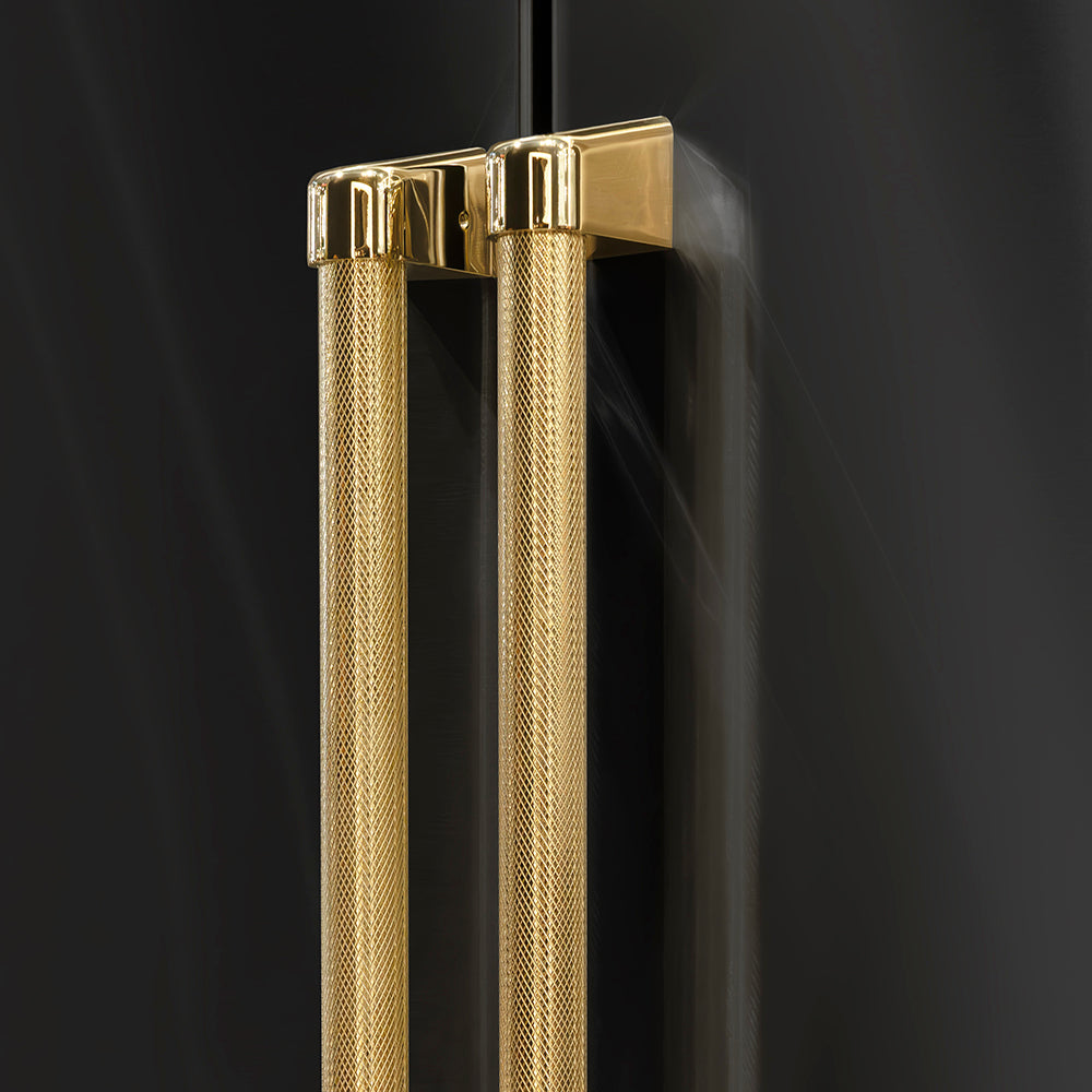 ZLINE Autograph Edition 60-inch refrigerator in black stainless steel with graphite gray interior and polished gold accents GRBIVZ-BS60KG, detail