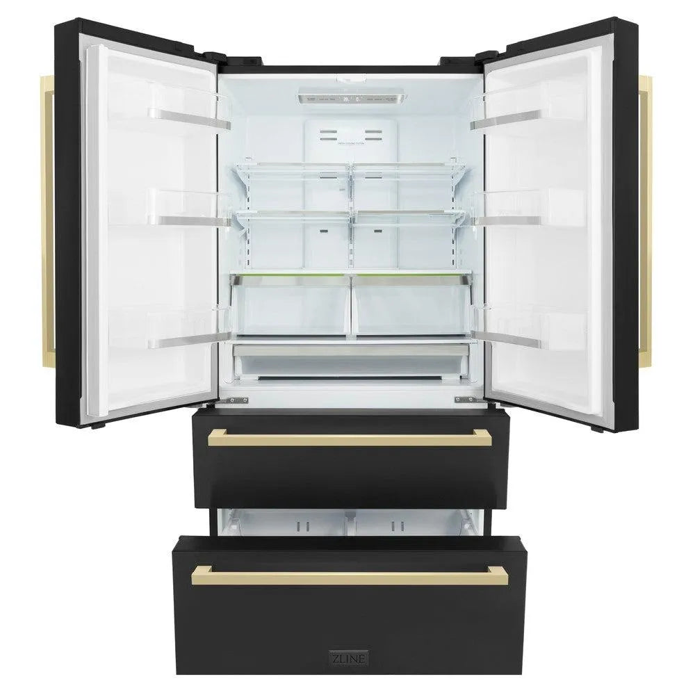 ZLINE Autograph Edition 36-inch refrigerator in fingerprint-resistant black stainless steel with bright white interior and champagne bronze accents RFMZ-36-BS-FCB, front view
