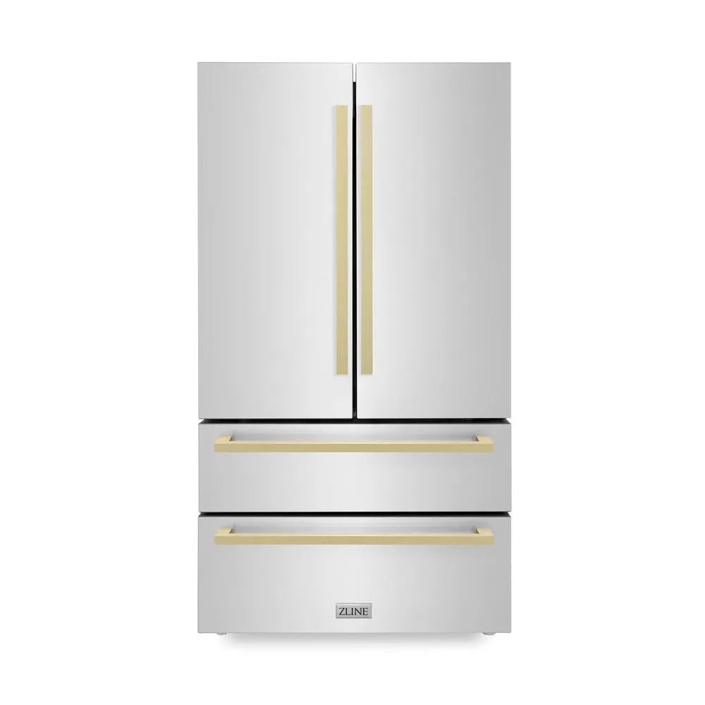 ZLINE Autograph Edition 36-inch refrigerator in fingerprint-resistant stainless steel with bright white interior and champagne bronze accents RFMZ-36-FCB