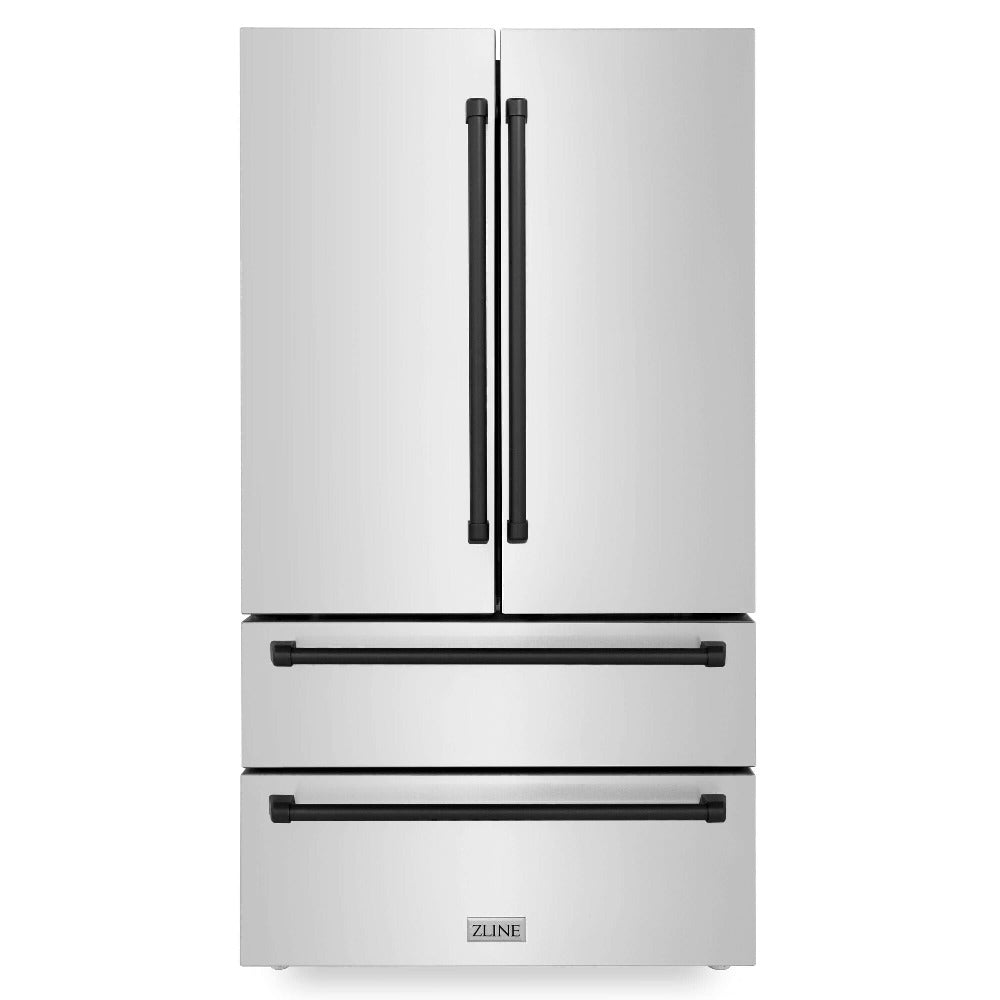 ZLINE Autograph Edition 36-inch refrigerator in fingerprint-resistant stainless steel with bright white interior and matte black accents RFMZ-36-MB, front view