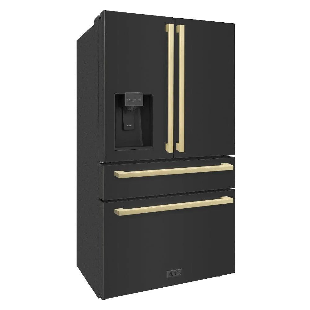 ZLINE Autograph Edition 36-inch refrigerator in fingerprint-resistant black stainless steel with bright white interior and champagne bronze accents RFMZ-W36-BS-FCB, side view