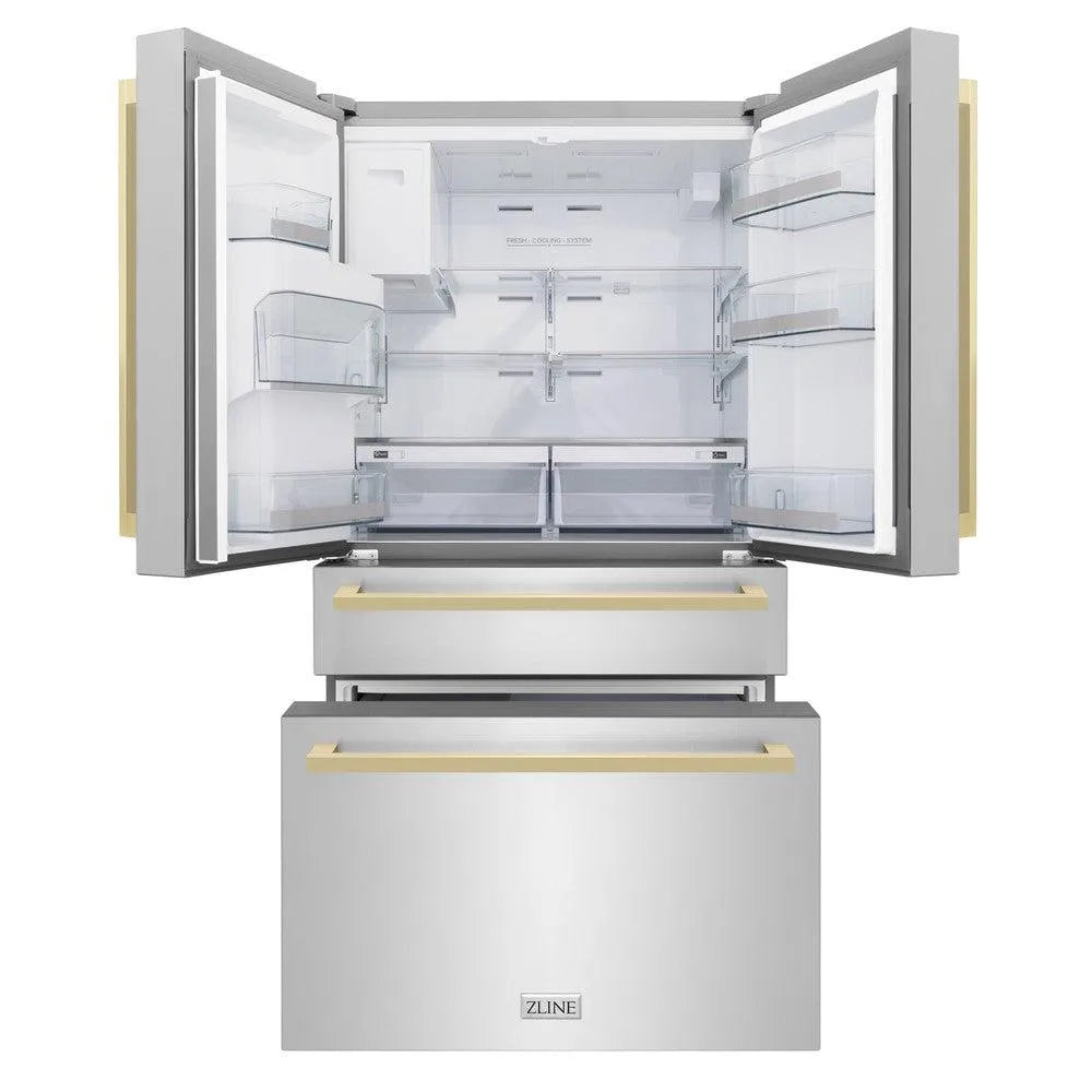ZLINE Autograph Edition 36-inch refrigerator in fingerprint-resistant stainless steel with bright white interior and champagne bronze accents RFMZ-W-36-FCB, front view