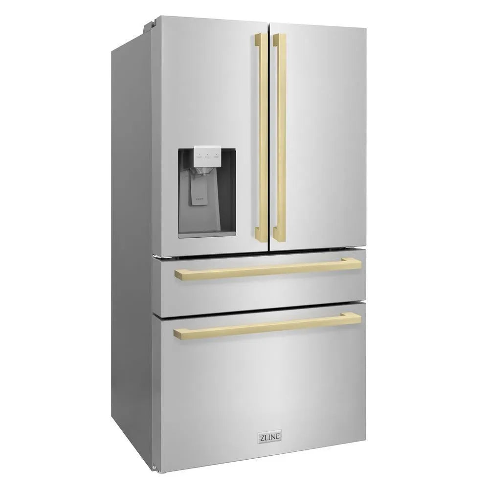 ZLINE Autograph Edition 36-inch refrigerator in fingerprint-resistant stainless steel with bright white interior and champagne bronze accents RFMZ-W-36-FCB, side view