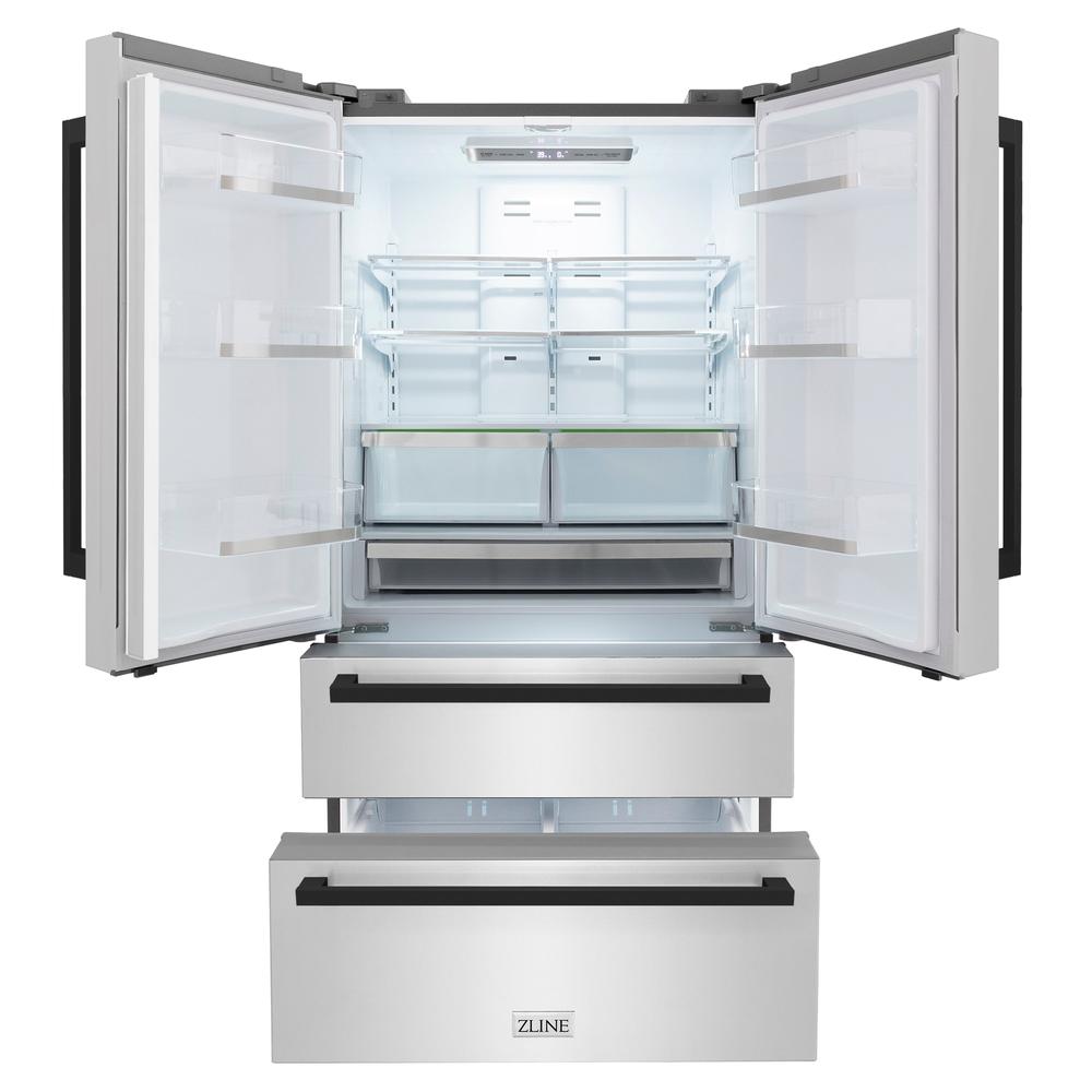 ZLINE Autograph Edition 36-inch refrigerator in fingerprint-resistant stainless steel with bright white interior and matte black accents RFMZ-36-FMB, front view