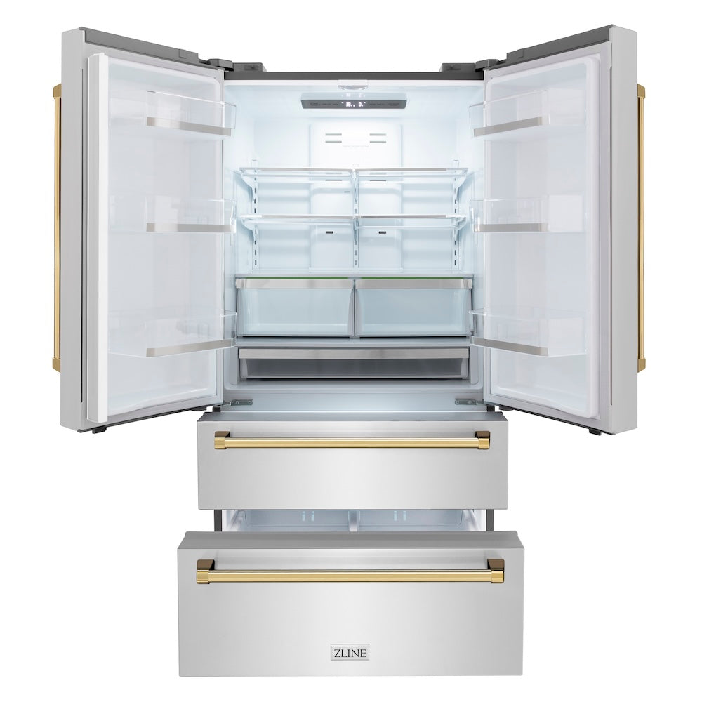 ZLINE Autograph Edition 36-inch refrigerator in fingerprint-resistant stainless steel with bright white interior and polished gold accents RFMZ-36-G, front view