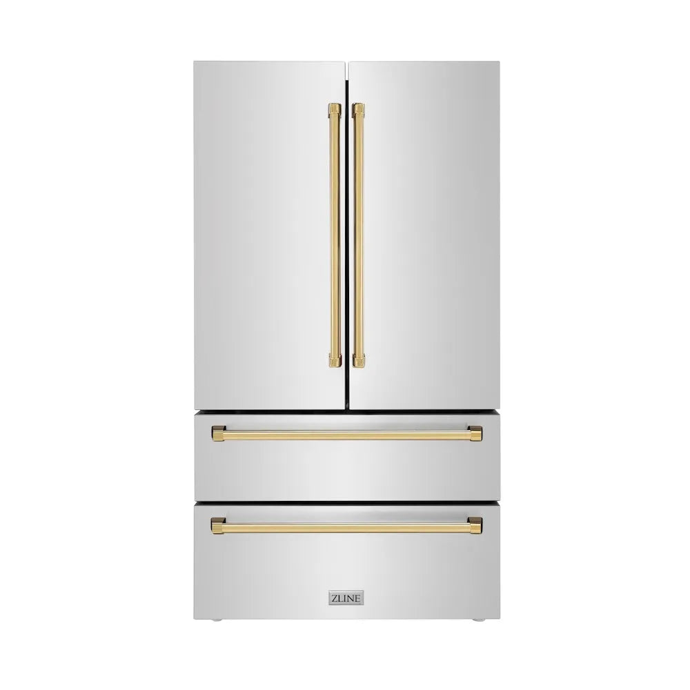 ZLINE Autograph Edition 36-inch refrigerator in fingerprint-resistant stainless steel with bright white interior and polished gold accents RFMZ-36-G