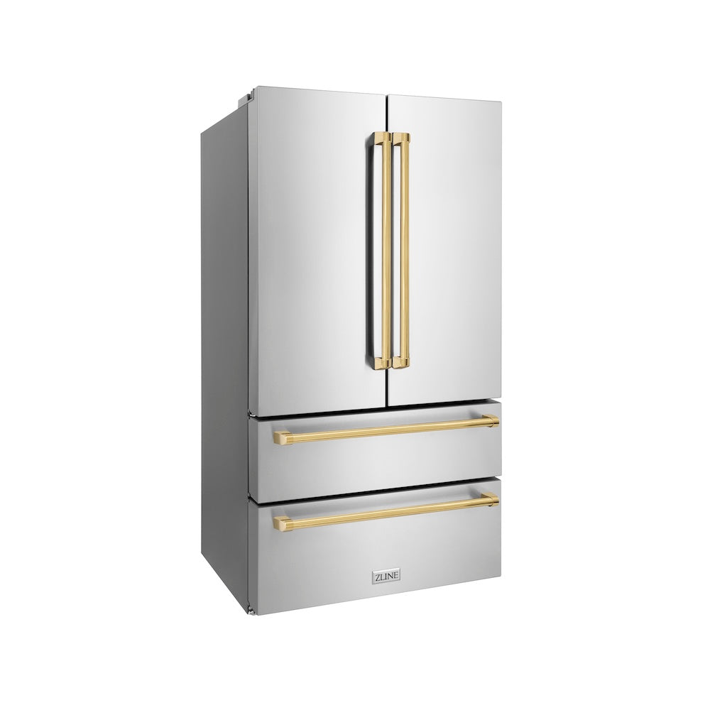 ZLINE Autograph Edition 36-inch refrigerator in fingerprint-resistant stainless steel with bright white interior and polished gold accents RFMZ-36-G, side view